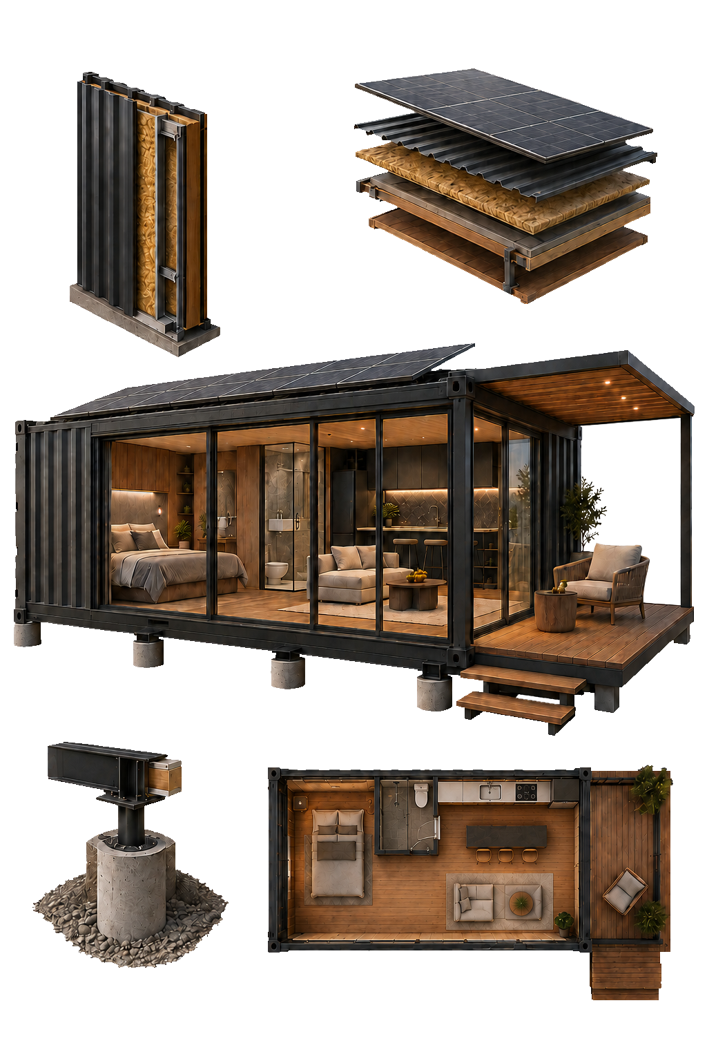Illustrated exploded view of a container home's construction: corrugated steel wall panel, roof and solar panel layers, the finished home with an open floor plan and covered deck, a pier foundation footing, and a top-down floor plan
